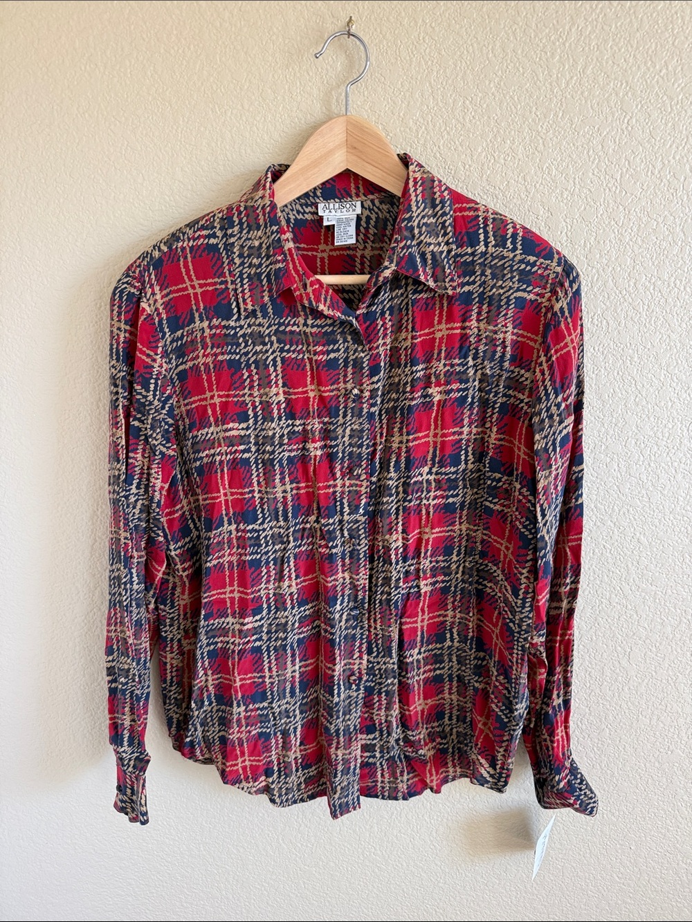 NWT Allison Taylor Silk Style Red Navy Plaid Button-Up Shirt
